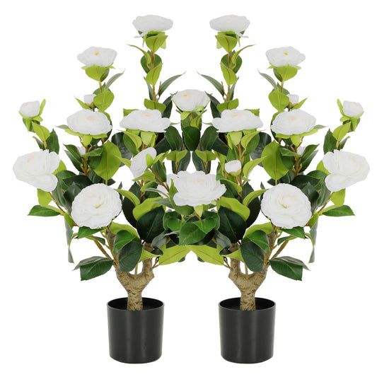 RosyHaven 2Pack 2/3/4ft Artificial Camellia Tree with Realistic White /Pink/Red/Yellow/Orange Flowers, Fake Camellia Tree, Faux Camellia Tree outdoor with Camellia Flowers for Front Door Porch Patio Garden Yard Pool Room Decor