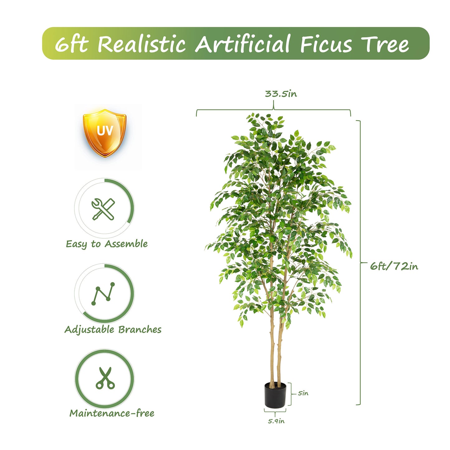 RosyHaven 5ft/6ft/7ft/8ft Real Touch Artificial Ficus Tree , Resistant UV Faux Ficus Tree with Waterproof Leaves and Realitic Trunks for Living Room  Bedroom Dining Room Balcony Yard Patio Decor