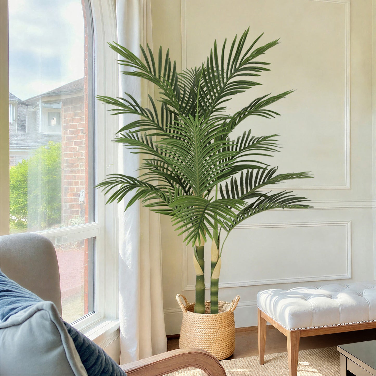 RosyHaven 5/6/7ft UV Resistant Artificial Golden Cane Palm Tree with Full Leaves and Realistic Trunks,Faux Palm Tree,Fake Palm Tree for Poolside Patio Living Room Balcony Outdoor Indoor Decor