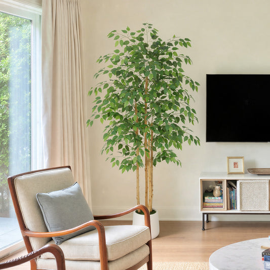 RosyHaven 5/6/7ft Resistant UV Artificial Ficus Tree with Exquisite White Planter, Real Wood Trunks, Real Touch Faux Ficus Tree, Fake Ficus Tree Indoor for Living Room Bedroom Dining Room Balcony Patio Decor