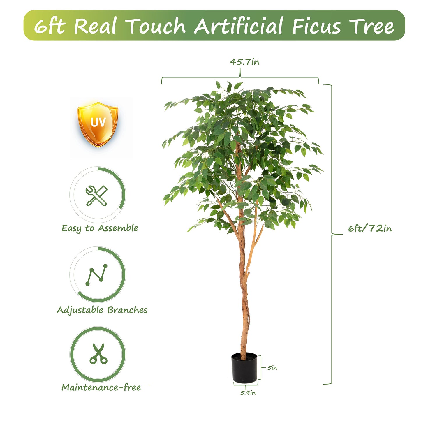 RosyHaven 5/6/7ft Resistant UV Artificial Ficus Tree with Real Wood Trunks and Waterproof & Real Touch Leaves, Realistic Faux Ficus Tree for Living Room Bedroom Dining Room Balcony Yard Patio Decor