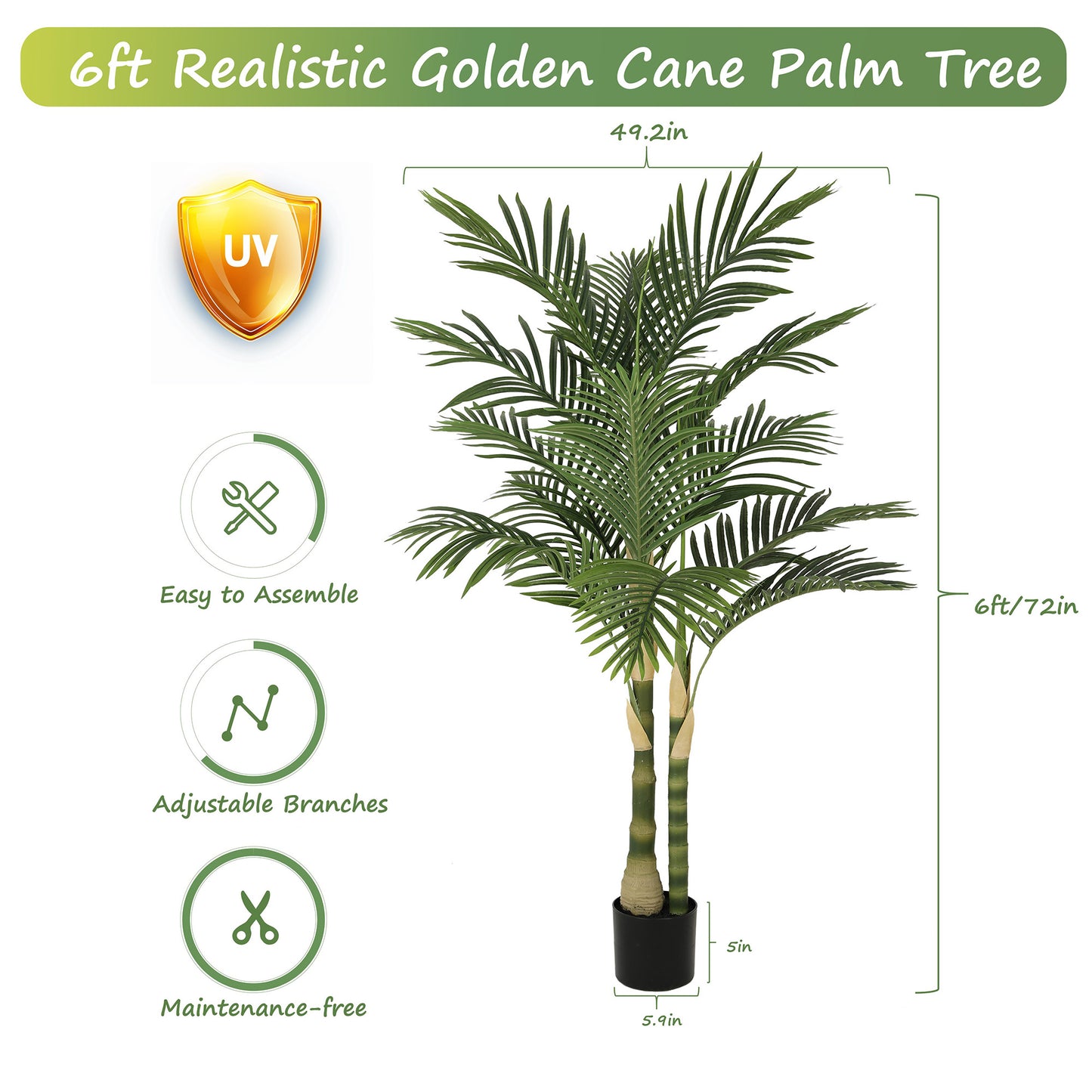 RosyHaven 5/6/7ft UV Resistant Artificial Golden Cane Palm Tree with Full Leaves and Realistic Trunks,Faux Palm Tree,Fake Palm Tree for Poolside Patio Living Room Balcony Outdoor Indoor Decor