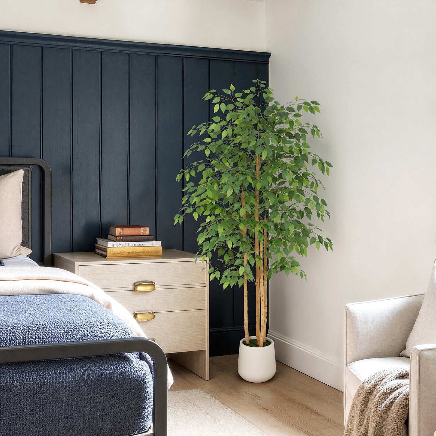 RosyHaven 5/6/7ft Resistant UV Artificial Ficus Tree with Exquisite White Planter, Real Wood Trunks, Real Touch Faux Ficus Tree, Fake Ficus Tree Indoor for Living Room Bedroom Dining Room Balcony Patio Decor