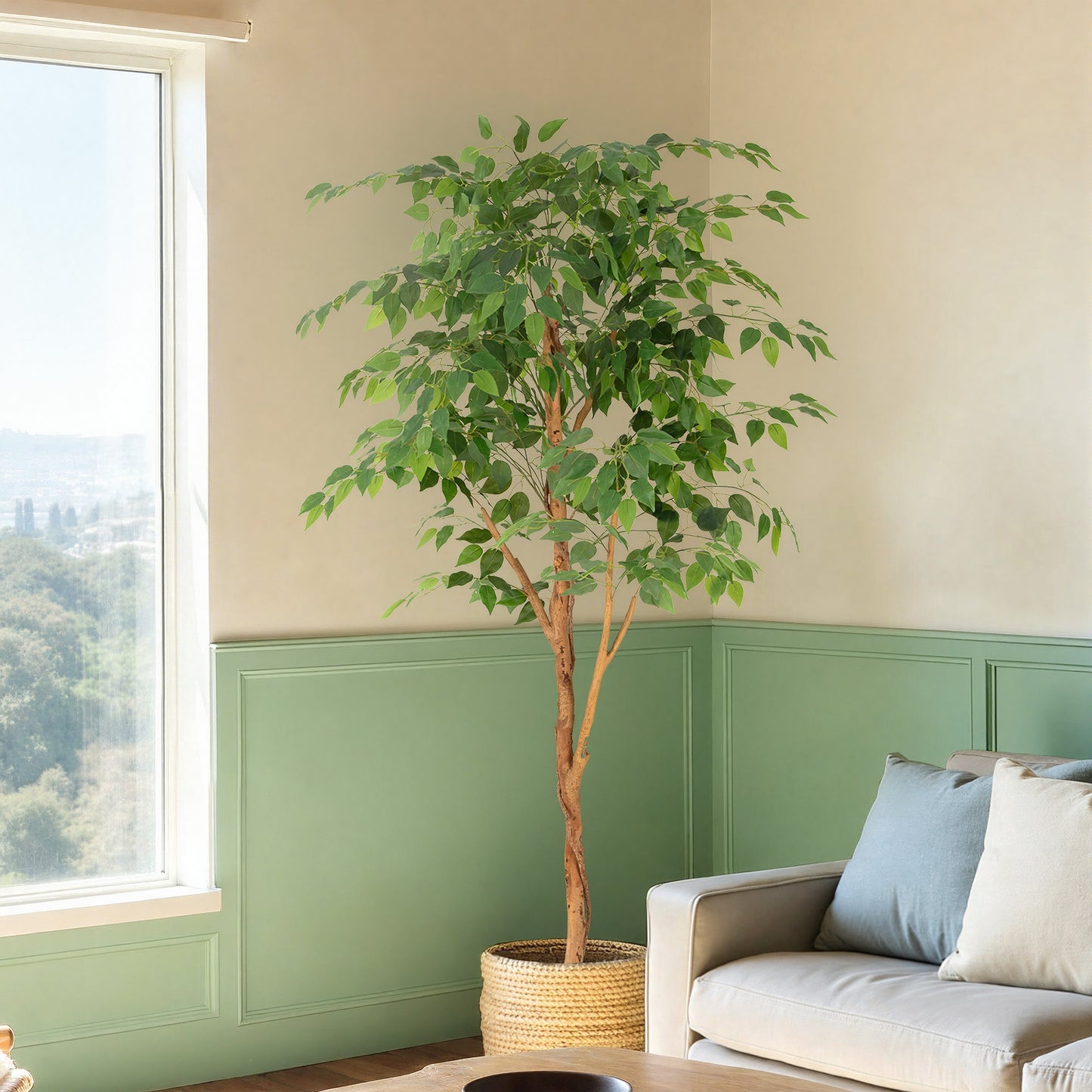 RosyHaven 5/6/7ft Resistant UV Artificial Ficus Tree with Real Wood Trunks and Waterproof & Real Touch Leaves, Realistic Faux Ficus Tree for Living Room Bedroom Dining Room Balcony Yard Patio Decor