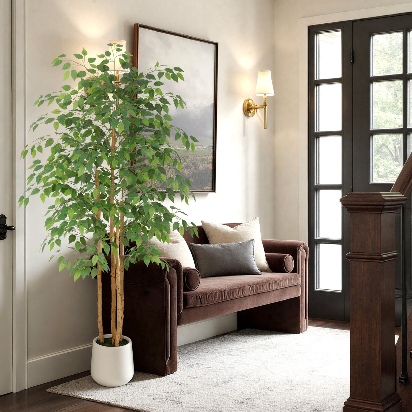 RosyHaven 5/6/7ft Resistant UV Artificial Ficus Tree with Exquisite White Planter, Real Wood Trunks, Real Touch Faux Ficus Tree, Fake Ficus Tree Indoor for Living Room Bedroom Dining Room Balcony Patio Decor