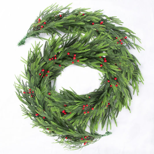 Nafresh 1/2pack 6ft/9ft Real Touch Norfolk Pine Garland, Realistic Faux Christmas Garland with Red Berries for Fireplace Table Stair Window Front Door Decor, 1Pack