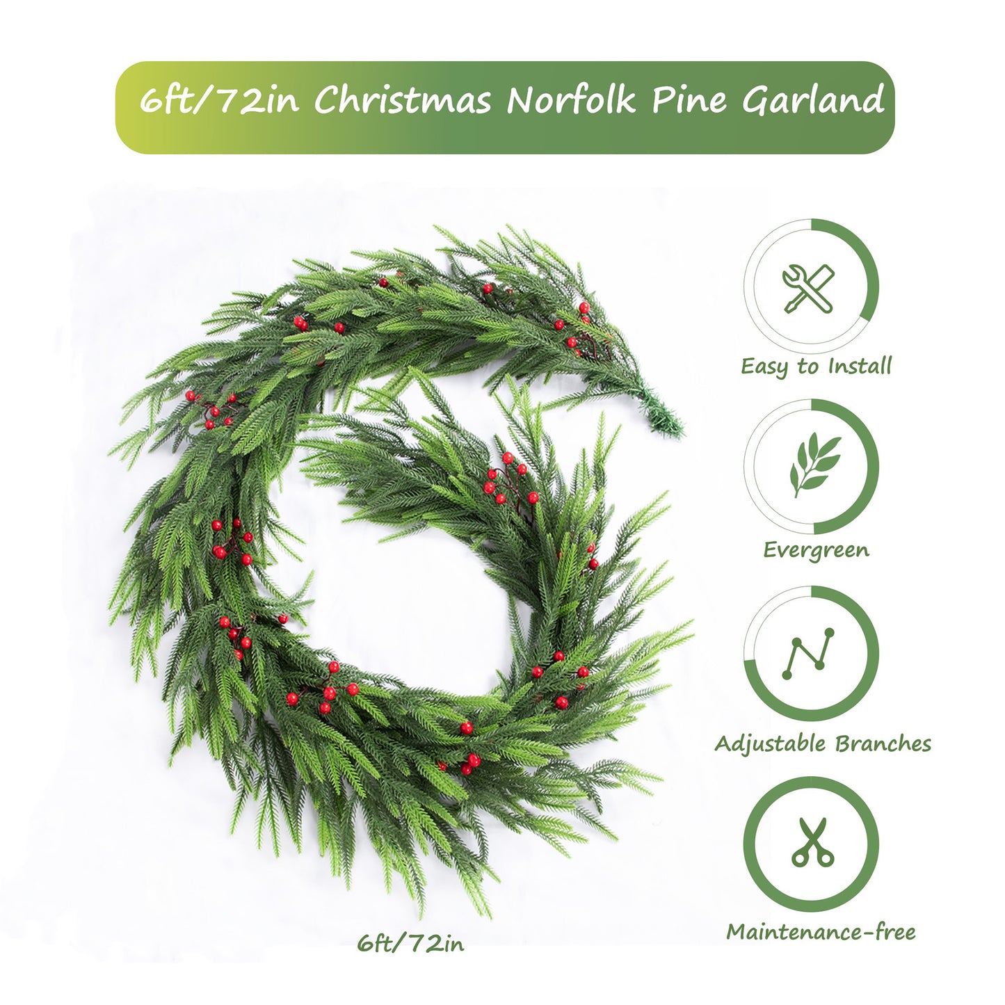 Nafresh 1/2pack 6ft/9ft Real Touch Norfolk Pine Garland, Realistic Faux Christmas Garland with Red Berries for Fireplace Table Stair Window Front Door Decor, 1Pack