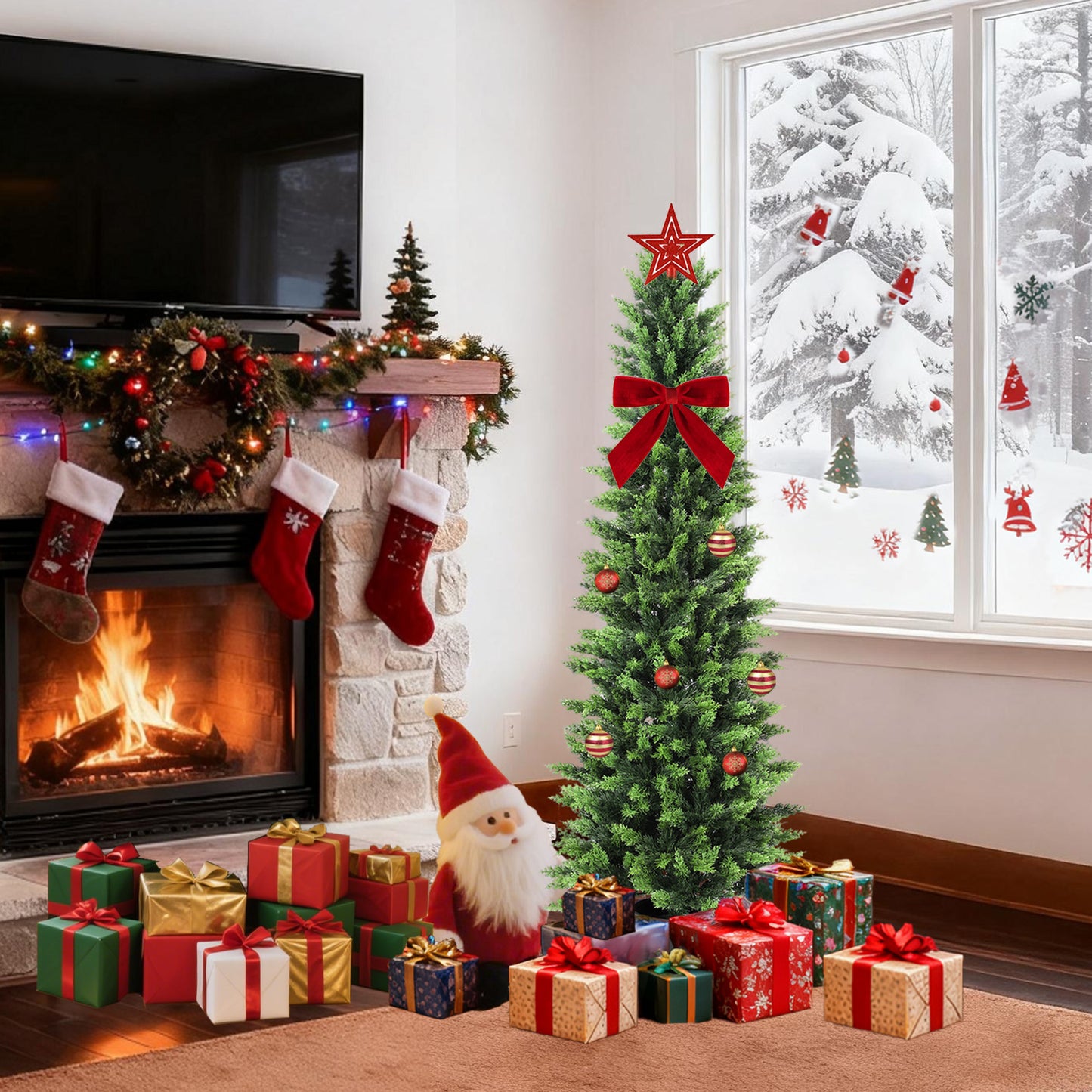 RosyHaven 6ft/7ft Real Touch Cedar Christmas Tree, UV Resistant Artificial Cedar Tree, with Realistic and Full Branches for Front Door Porch Bedroom Livingroom Fireplace Holiday Decor.