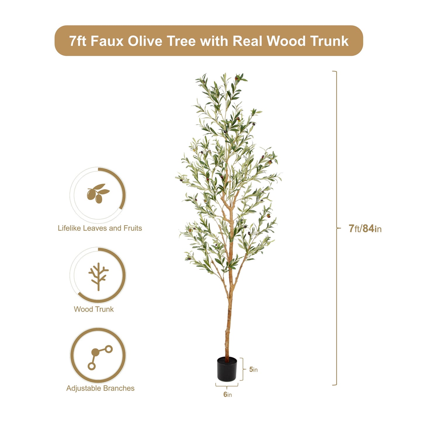 Nafresh 7ft Faux Olive Tree with Real Wood Trunk and Realistic & Full Leaves, 84in Fake Olive Tree with Lifelike Fruits and Sturdy Flower Pot for Indoor Outdoor Decor.
