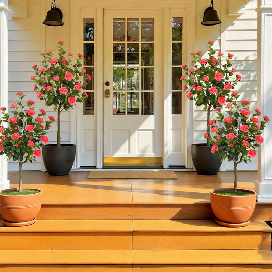 RosyHaven 4ft/5ft 2pack Artificial Camellia Tree with Realistic White/Orange/Pink/Red/Yellow Flowers, Lifelike Faux Flower Tree with Blooming Fake Flowers for Front Door Porch Patio Garden Yard Poolside Living Room Decor.