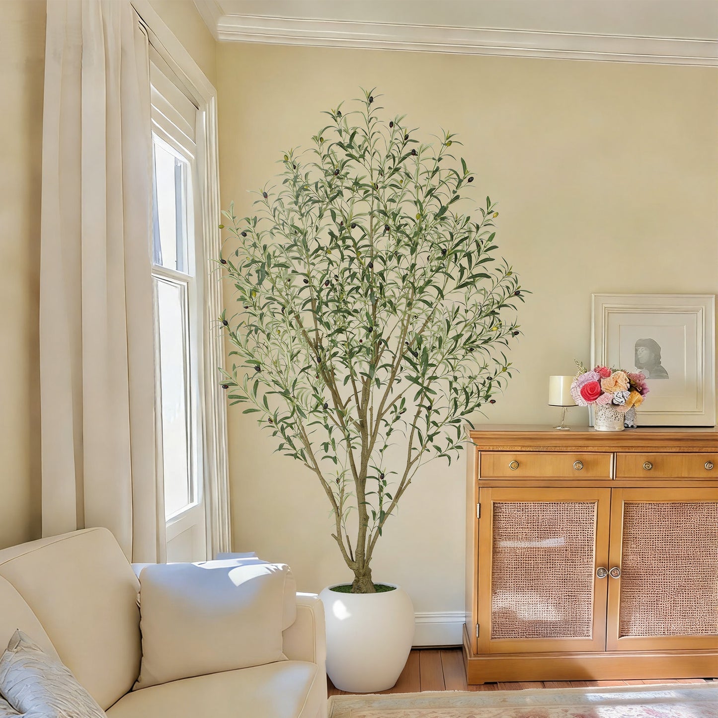 RosyHaven 5ft/6ft/7ft/8ft Super Full Artificial Olive Tree Indoor,Large Faux Olive Tree with Decorative Planter,Lifelike Leaves & Fruits for Living Room Bedroom Patio Balcony Corner Decor