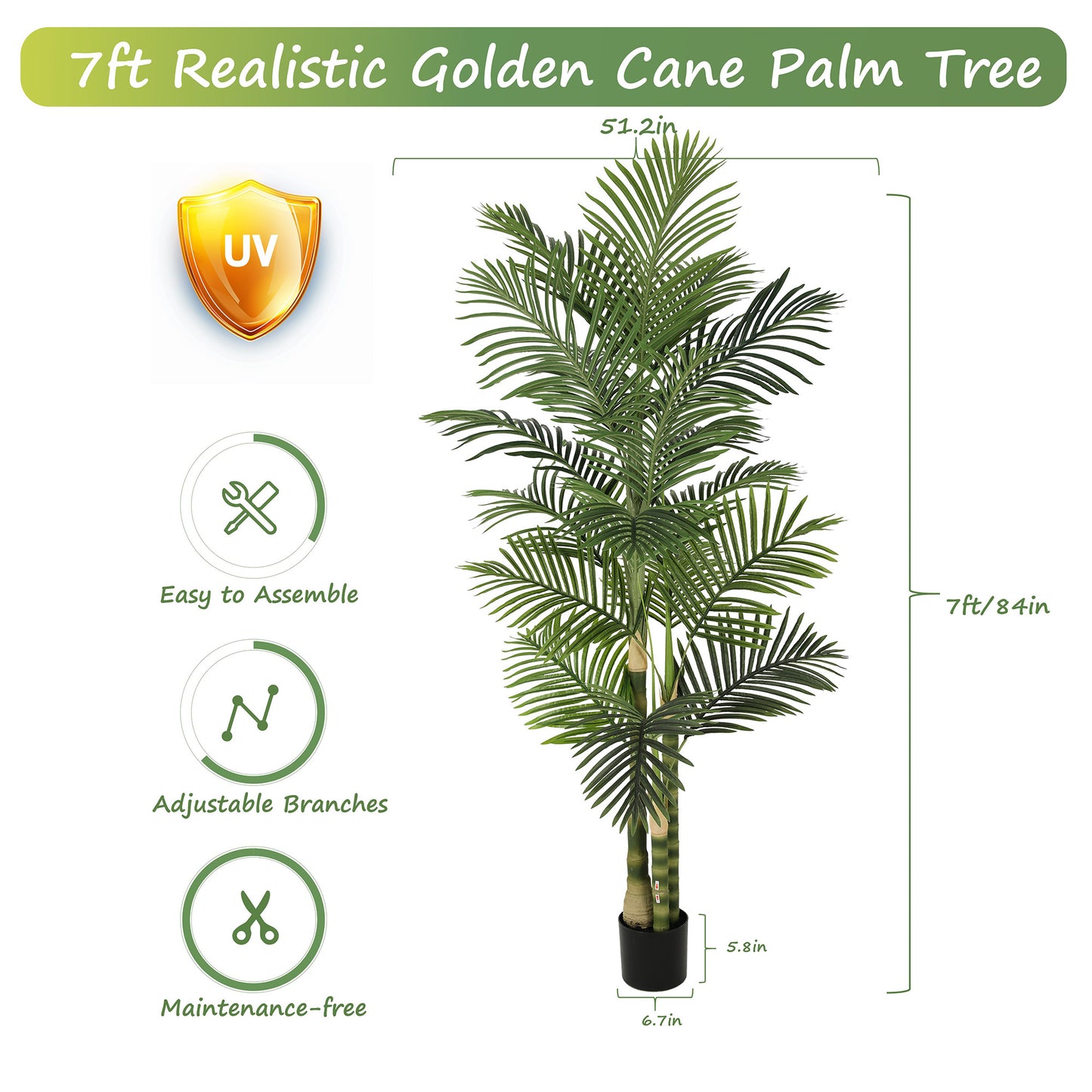 RosyHaven 5/6/7ft UV Resistant Artificial Golden Cane Palm Tree with Full Leaves and Realistic Trunks,Faux Palm Tree,Fake Palm Tree for Poolside Patio Living Room Balcony Outdoor Indoor Decor