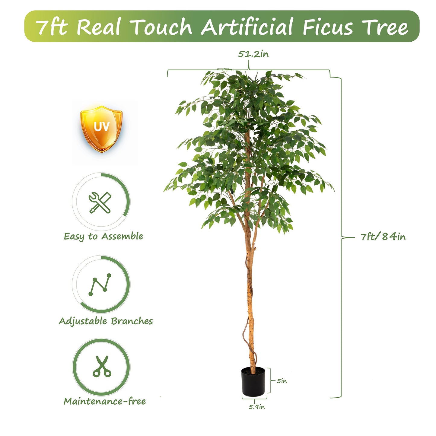 RosyHaven 5/6/7ft Resistant UV Artificial Ficus Tree with Real Wood Trunks and Waterproof & Real Touch Leaves, Realistic Faux Ficus Tree for Living Room Bedroom Dining Room Balcony Yard Patio Decor
