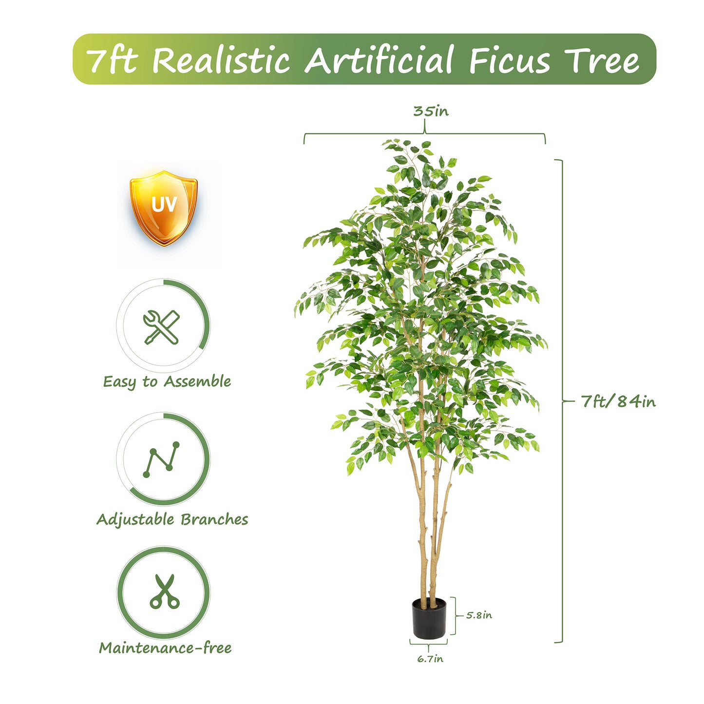 RosyHaven 5ft/6ft/7ft/8ft Real Touch Artificial Ficus Tree , Resistant UV Faux Ficus Tree with Waterproof Leaves and Realitic Trunks for Living Room  Bedroom Dining Room Balcony Yard Patio Decor