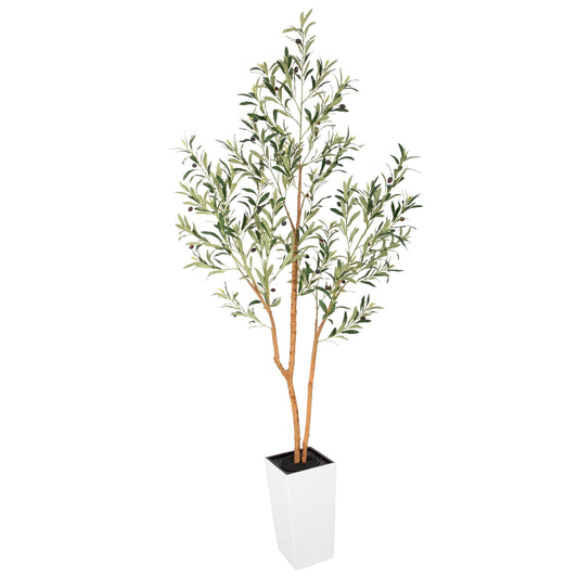Nafresh 7ft Faux Olive Tree with Multiple Real Wood Trunks & White Decorative Tall Planter, 84in Artificial Olive Tree for Home Office Bedroom Porch Balcony Decor