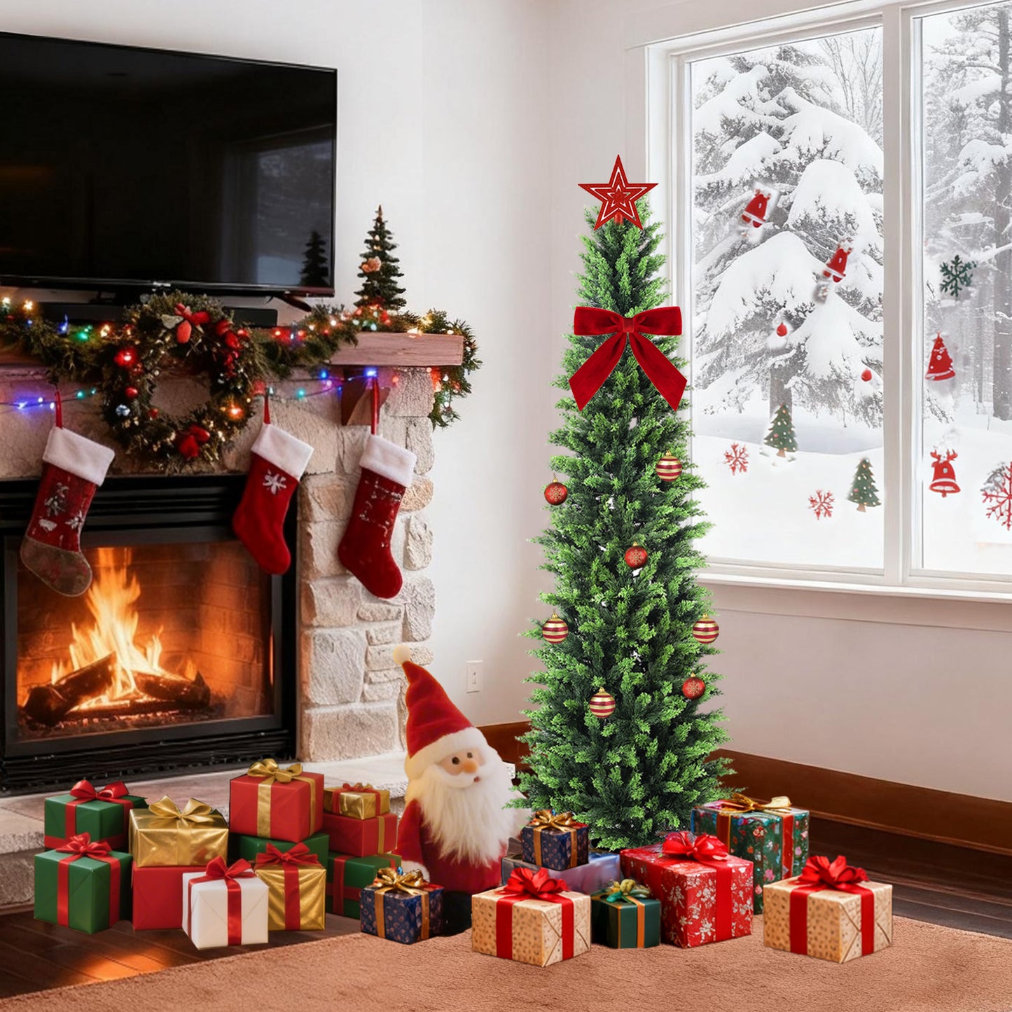 RosyHaven 6ft/7ft Real Touch Cedar Christmas Tree, UV Resistant Artificial Cedar Tree, with Realistic and Full Branches for Front Door Porch Bedroom Livingroom Fireplace Holiday Decor.
