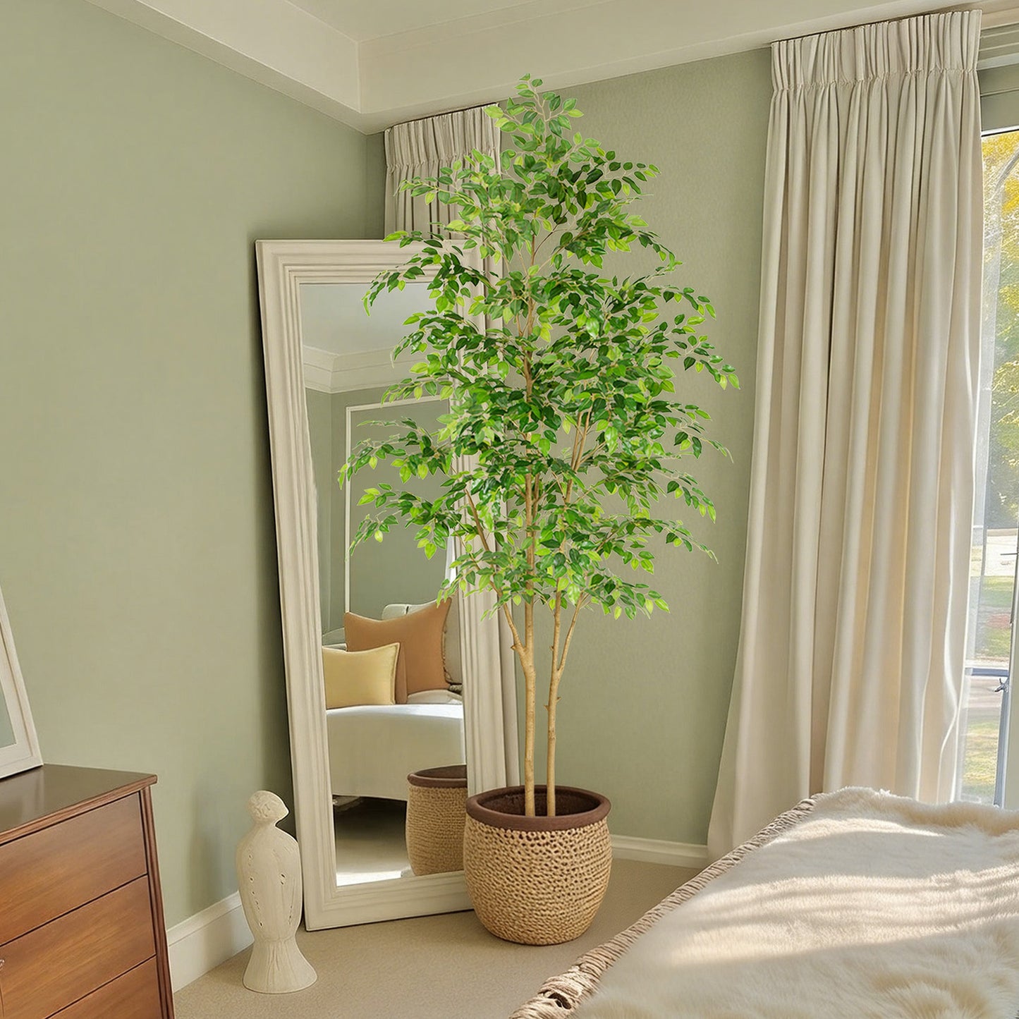 RosyHaven 5ft/6ft/7ft/8ft Real Touch Artificial Ficus Tree , Resistant UV Faux Ficus Tree with Waterproof Leaves and Realitic Trunks for Living Room  Bedroom Dining Room Balcony Yard Patio Decor