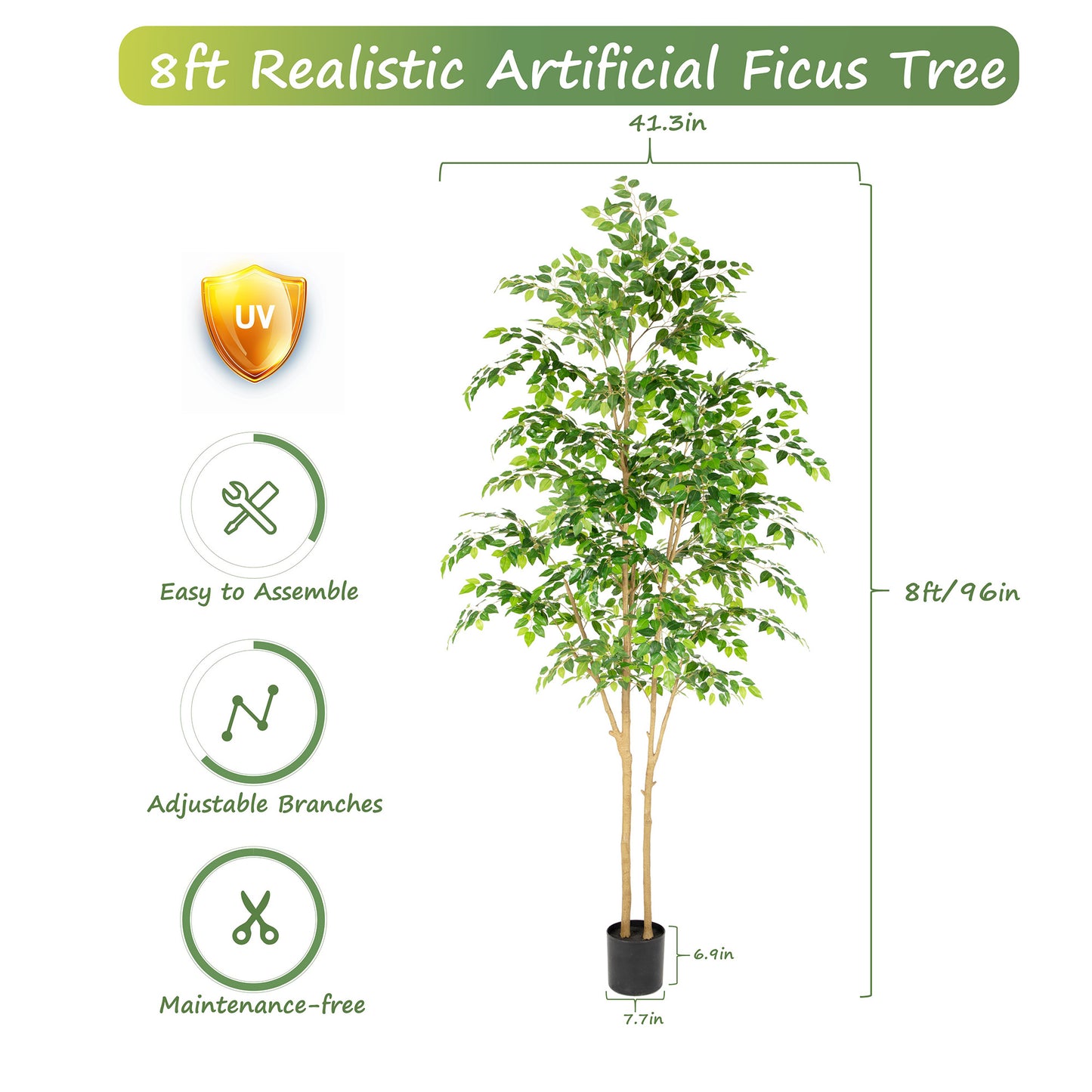 RosyHaven 5ft/6ft/7ft/8ft Real Touch Artificial Ficus Tree , Resistant UV Faux Ficus Tree with Waterproof Leaves and Realitic Trunks for Living Room  Bedroom Dining Room Balcony Yard Patio Decor
