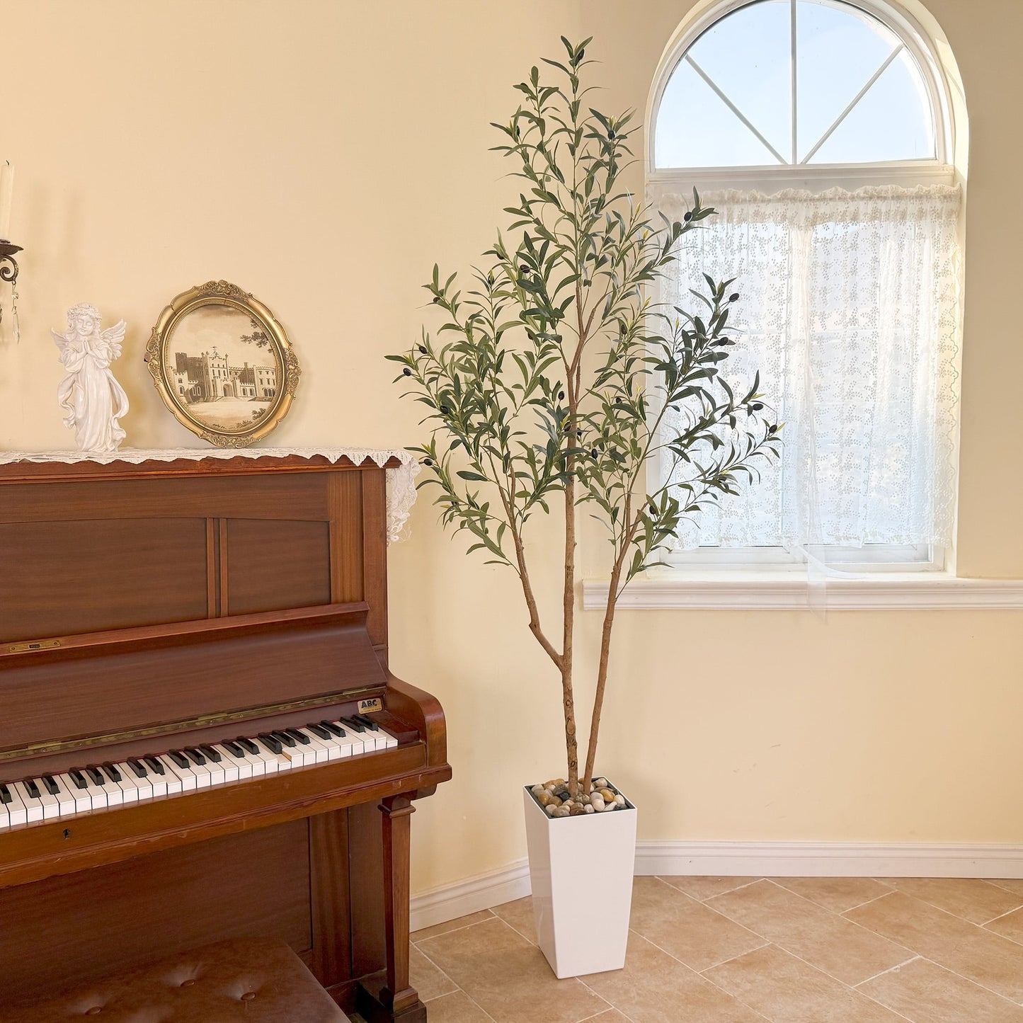 Nafresh 7ft Faux Olive Tree with Multiple Real Wood Trunks & White Decorative Tall Planter, 84in Artificial Olive Tree for Home Office Bedroom Porch Balcony Decor
