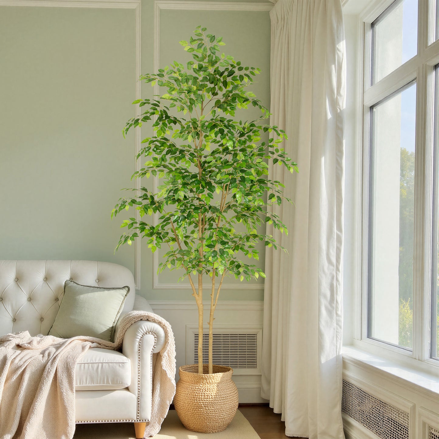 RosyHaven 5ft/6ft/7ft/8ft Real Touch Artificial Ficus Tree , Resistant UV Faux Ficus Tree with Waterproof Leaves and Realitic Trunks for Living Room  Bedroom Dining Room Balcony Yard Patio Decor