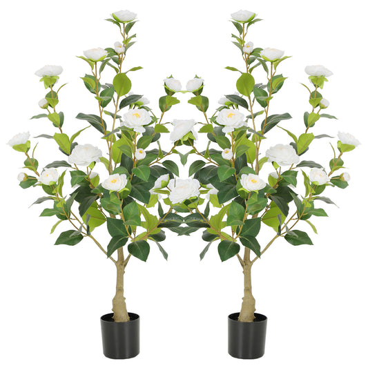 Nafresh Full 2/3/4/5ft Artificial Camellia Tree with Realistic White /Red/Yellow/Orange/Pink Camellia Flowers, Fake Camellia Tree, Faux Camellia Tree outdoor for Front Door Porch Patio Garden Yard Pool Room Decor,2Pack