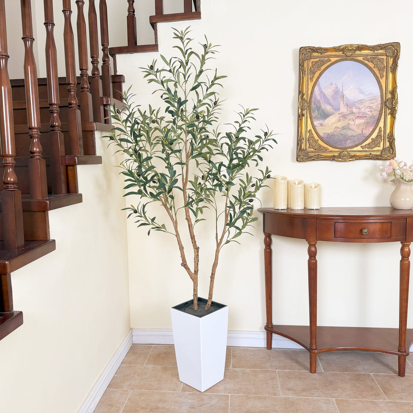 Nafresh 7ft Faux Olive Tree with Multiple Real Wood Trunks & White Decorative Tall Planter, 84in Artificial Olive Tree for Home Office Bedroom Porch Balcony Decor