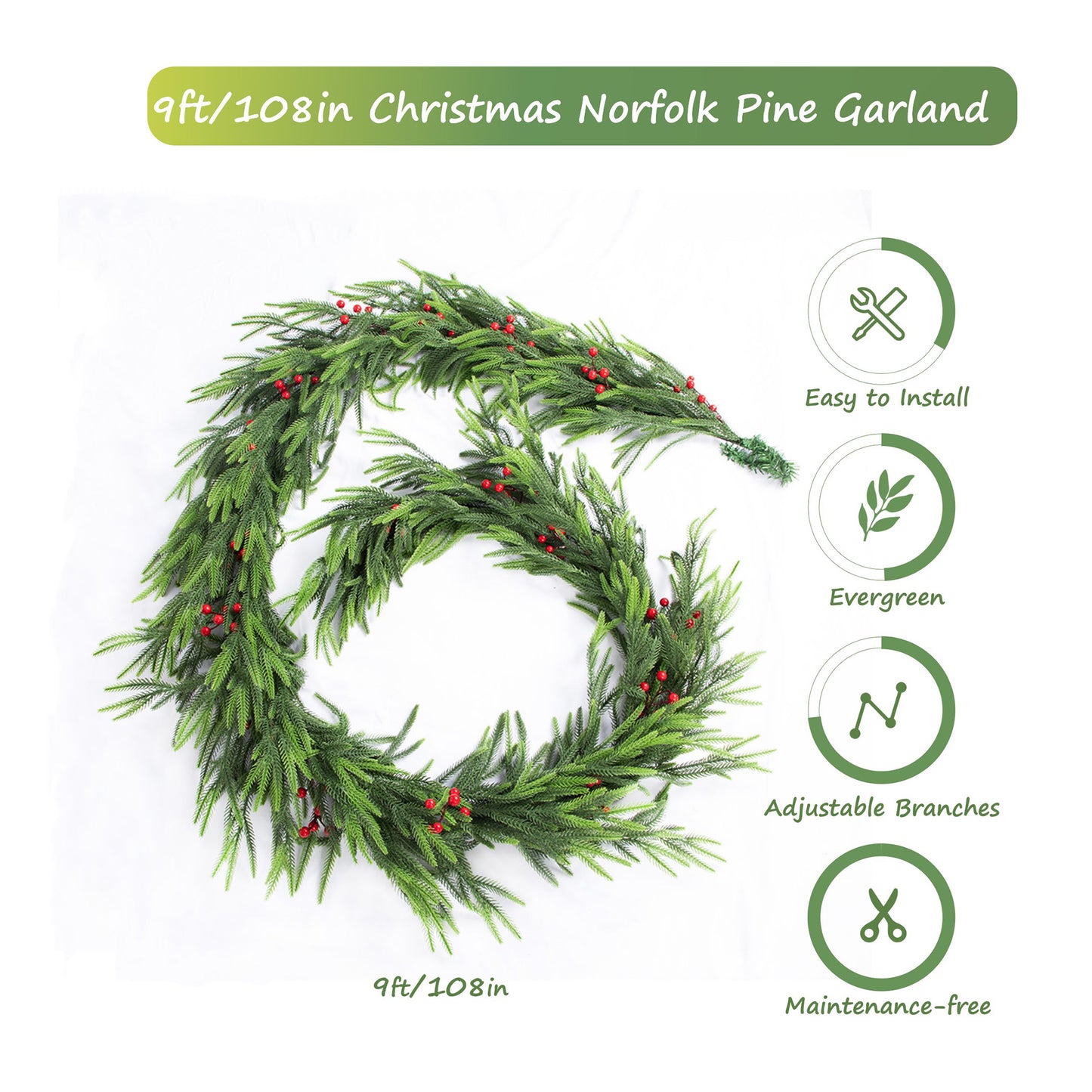 Nafresh 1/2pack 6ft/9ft Real Touch Norfolk Pine Garland, Realistic Faux Christmas Garland with Red Berries for Fireplace Table Stair Window Front Door Decor, 1Pack