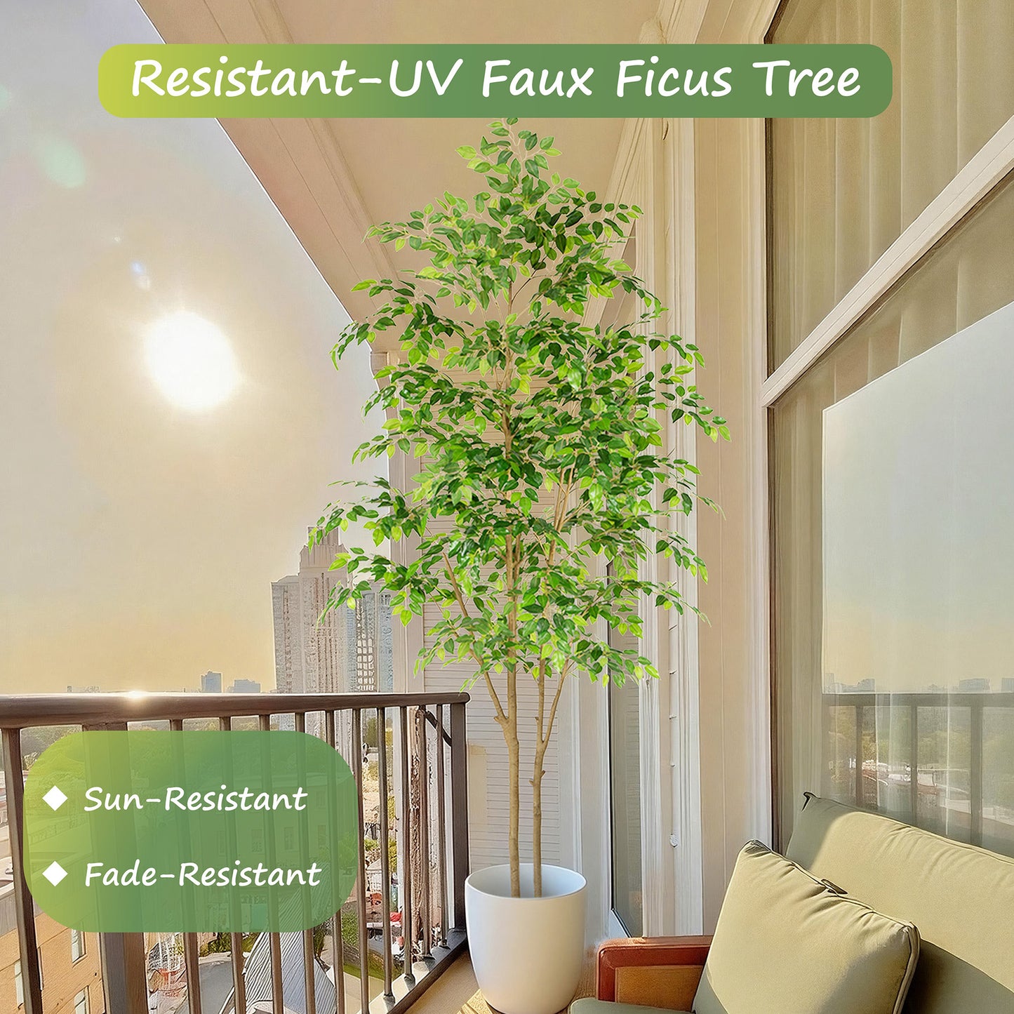 RosyHaven 5ft/6ft/7ft/8ft Real Touch Artificial Ficus Tree , Resistant UV Faux Ficus Tree with Waterproof Leaves and Realitic Trunks for Living Room  Bedroom Dining Room Balcony Yard Patio Decor