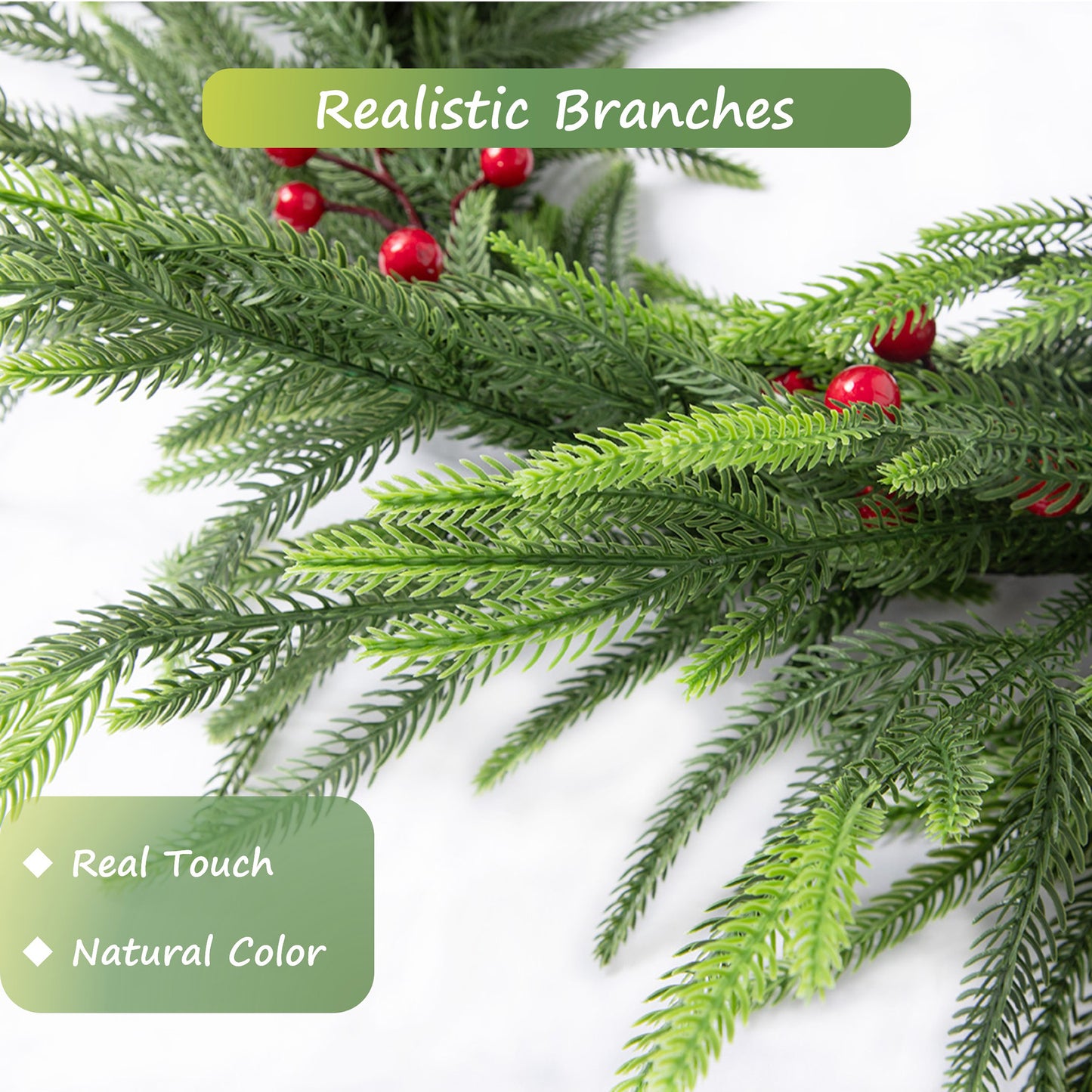 Nafresh 1/2pack 6ft/9ft Real Touch Norfolk Pine Garland, Realistic Faux Christmas Garland with Red Berries for Fireplace Table Stair Window Front Door Decor, 1Pack