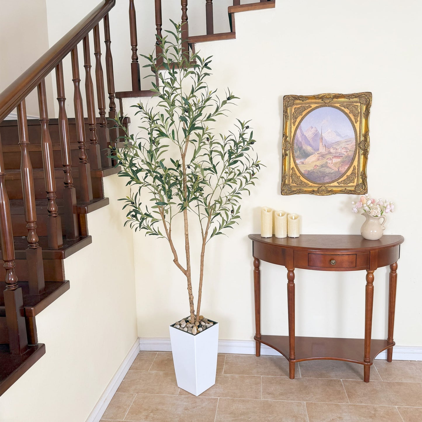 Nafresh 7ft Faux Olive Tree with Multiple Real Wood Trunks & White Decorative Tall Planter, 84in Artificial Olive Tree for Home Office Bedroom Porch Balcony Decor