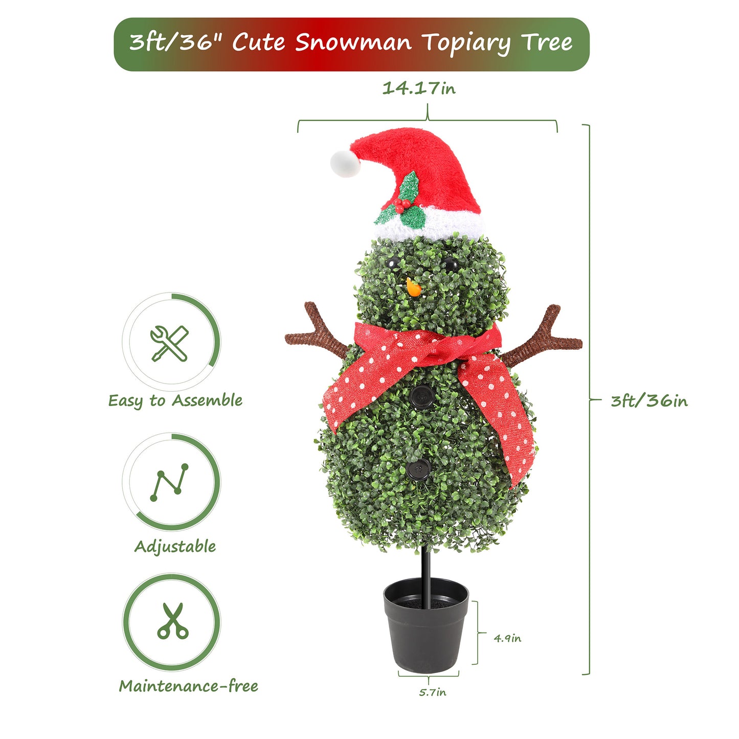 RosyHaven 3ft 1pack/2pack Snowman Topiary Tree, Realistic Artificial Snowman Shaped Topiary Tree with Red Christmas Hat, Scarf, and Brown Arms for Christmas Decor in Yard Porch Living Room Dining Room Bedroom