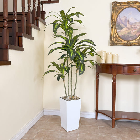 Nafresh UV Resistant 5ft Dracaena Artificial Plant with Tall White Decorative Planter for Indoor Outdoor Decor